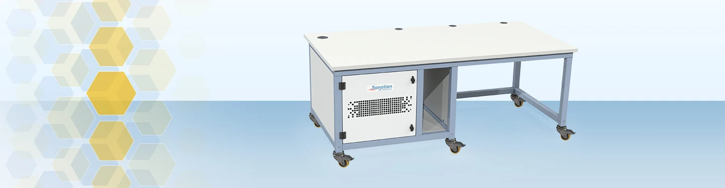 QE series laboratory equipment table with single, left-sided sound insulation