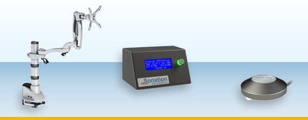 Accessories for Sonation laboratory furniture. A monitor holder, an external display for APPS systems and an oil leak sensor.